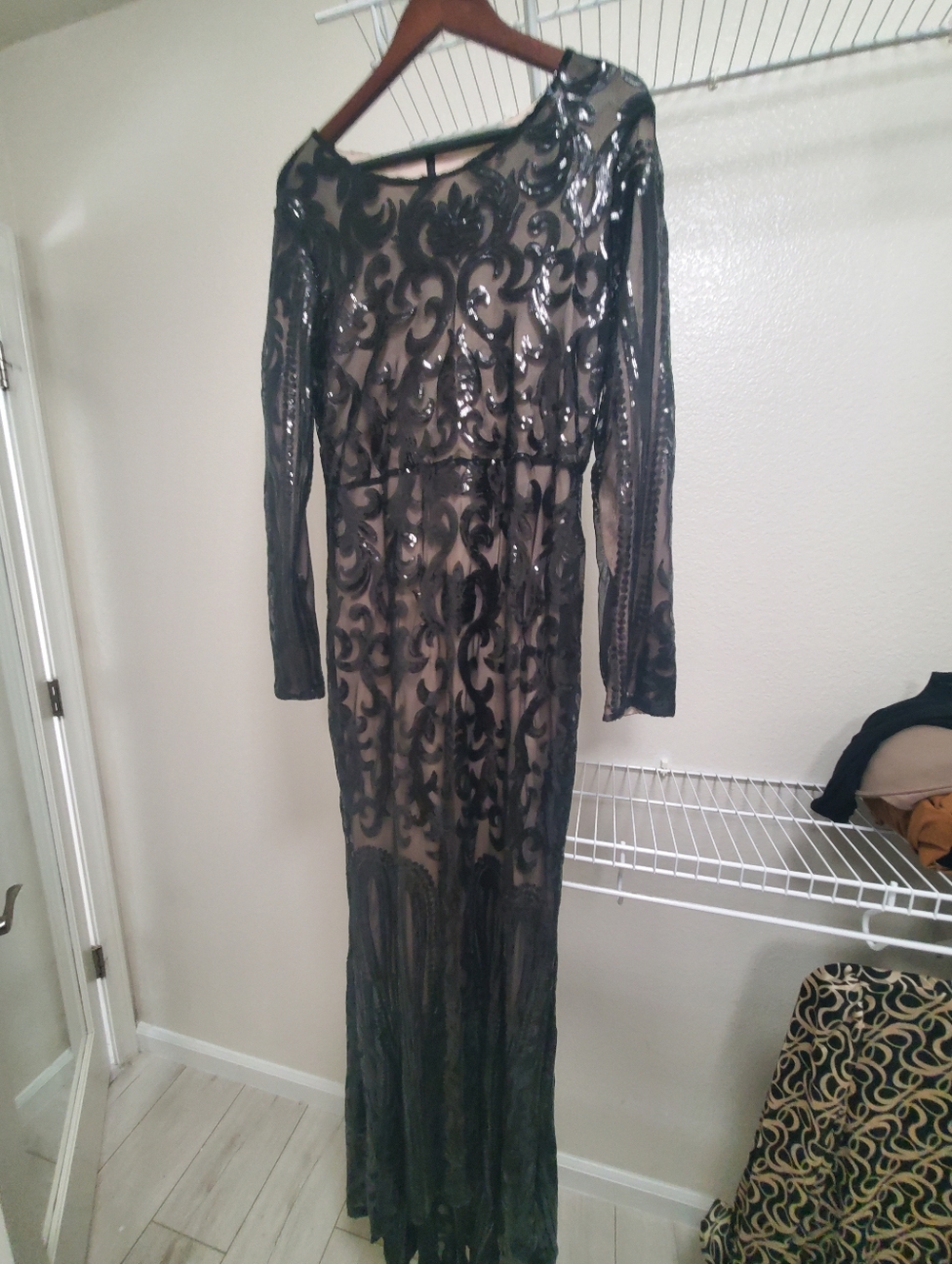 Black Sequin Long Sleeve Evening Gown (Stretches)